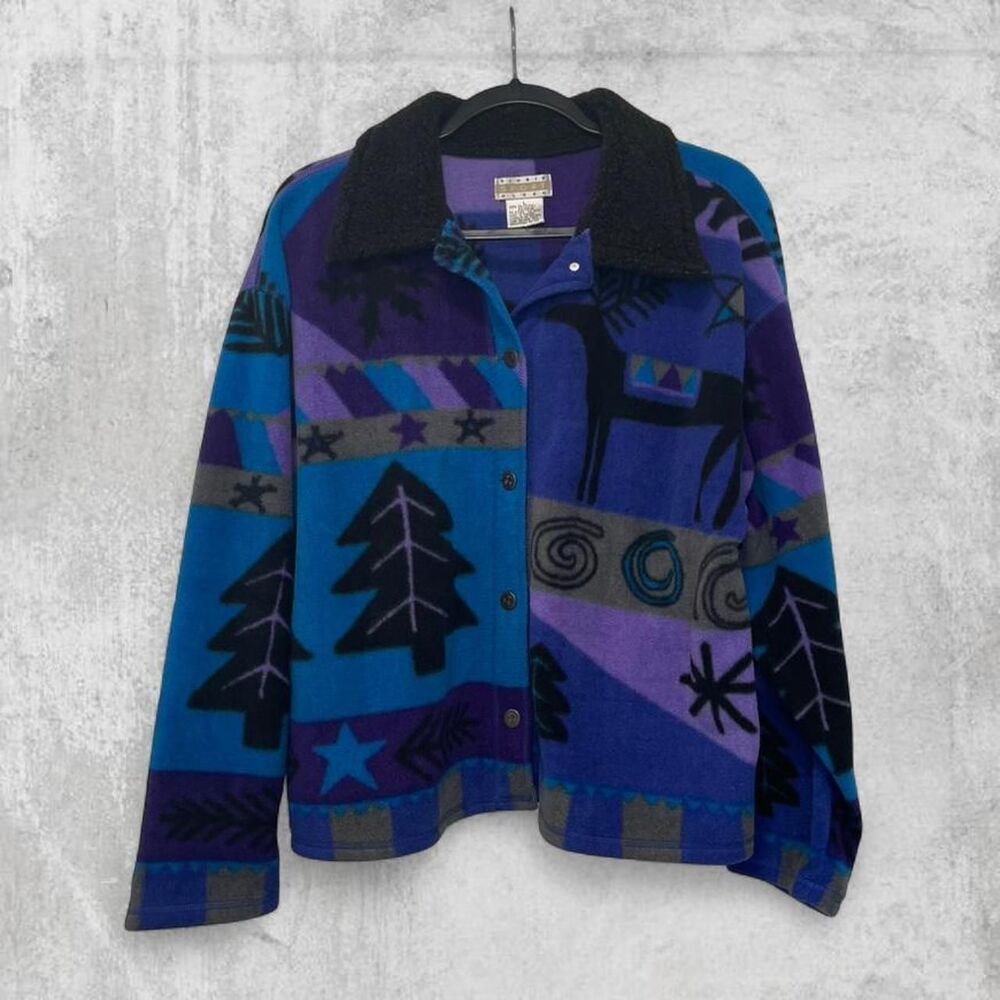 Vintage 90s Sigrid Olsen Sport Fleece Jacket Forest Deer Aztec Print Size L